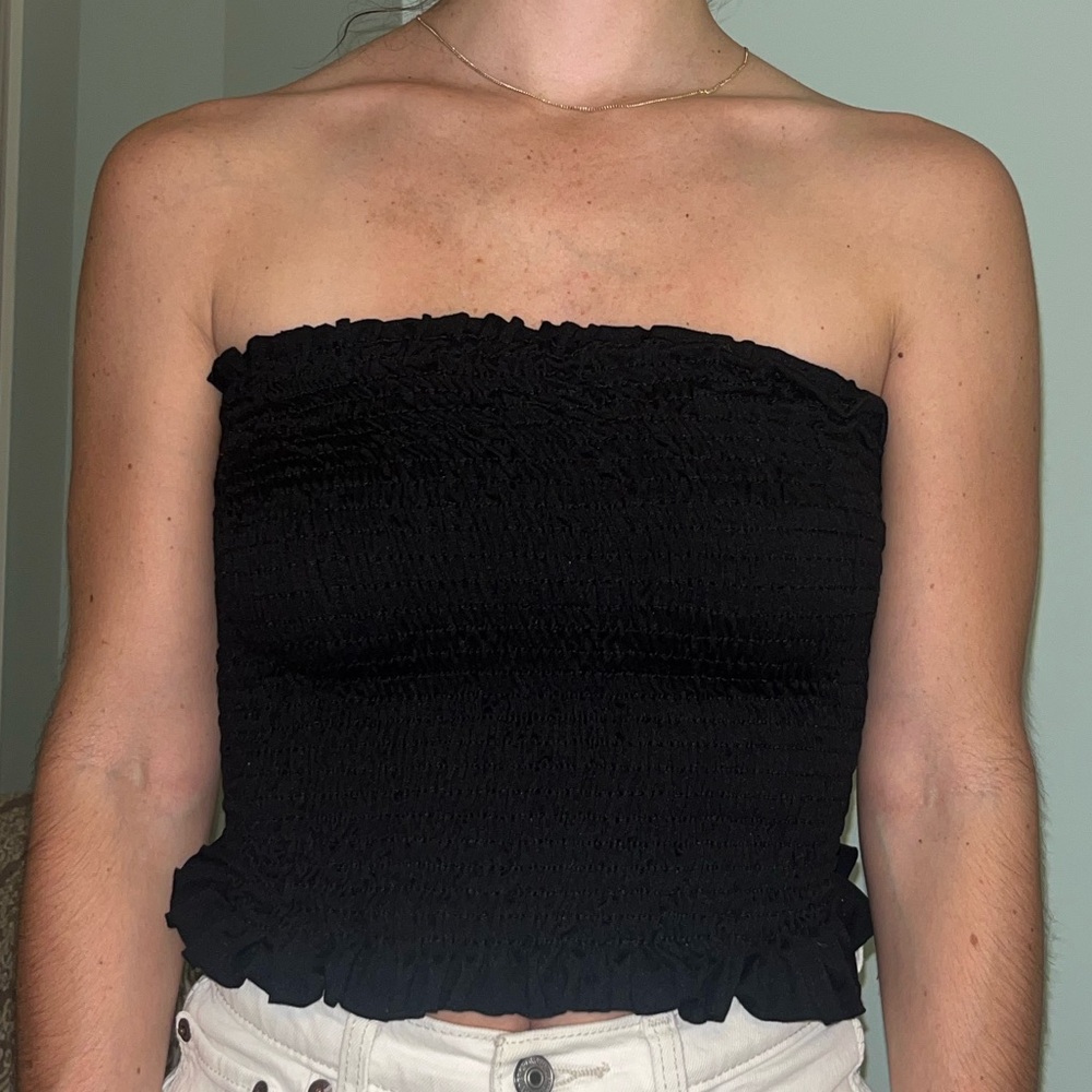 Black Strapless Smocked Top
